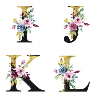 floral alphabet, letters I, J, K, L with watercolor flowers, creative art design, monogram initials