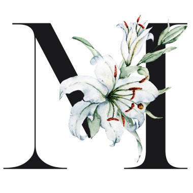 Suluboya boya, M harfi çiçek unsurlarıyla süslenmiş, çiçek başlıklı.