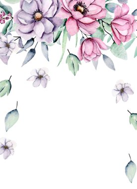 Suluboya çiçekler, tebrik kartı, davetiye ve diğer baskı tasarımları için çiçek çerçevesi. Beyazda izole edilmiş. El çizimi.