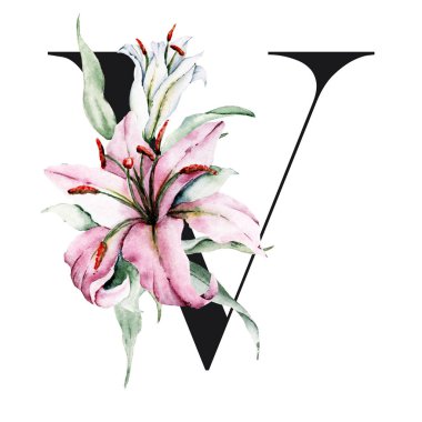 Çiçek alfabesi, çiçeklerle ve yapraklarla süslenmiş V harfi, suluboya resim.