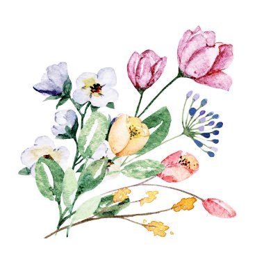 Yapraklı suluboya çiçekler, çiçek boyama konsepti.