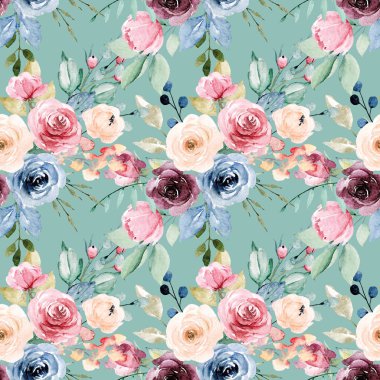 Kusursuz bir arka plan, suluboya çiçekli çiçek deseni. Kumaş duvar kağıdı desenini tekrarla