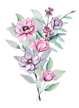 Yapraklı suluboya çiçekler, çiçek boyama konsepti.