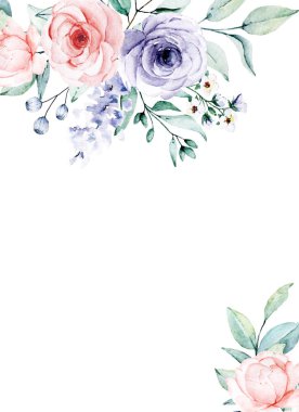 Çiçeksel çerçeve sınır tasarımı, suluboya boya çiçek ve yapraklar