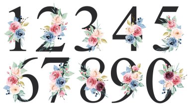 numbers set with watercolor art painting elements on white background