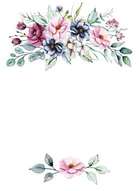 Suluboya çiçekler, tebrik kartı, davetiye ve diğer baskı tasarımları için çiçek çerçevesi. Beyazda izole edilmiş. El çizimi.