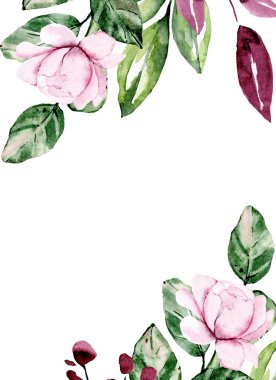 Çiçeksel çerçeve sınır tasarımı, suluboya boya çiçek ve yapraklar