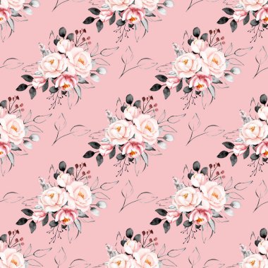 Çiçeksel elementlerle kusursuz suluboya çizimi, arka planı tekrarla