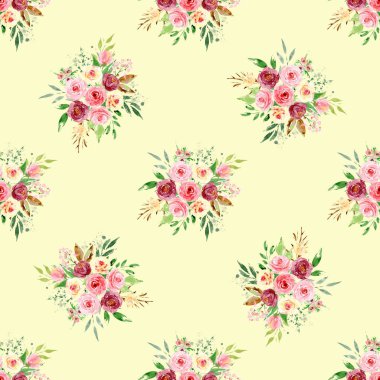 Çiçeksel elementlerle kusursuz suluboya çizimi, arka planı tekrarla