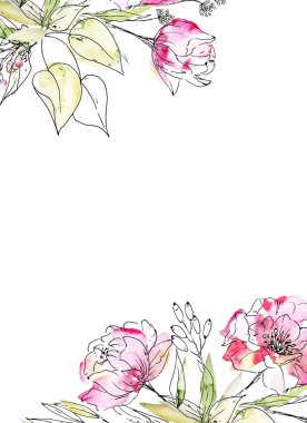 Çiçeksel çerçeve sınır tasarımı, suluboya boya çiçek ve yapraklar