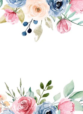 Çiçeksel çerçeve sınır tasarımı, suluboya boya çiçek ve yapraklar