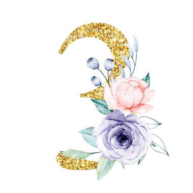 3 numaralı altın parıltılı çiçek, suluboya resim