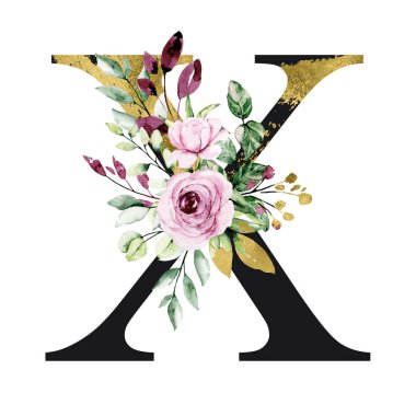 El çizimi suluboya resim, çiçekli X harfi.