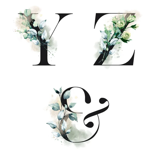 Bloemenalfabet Letters Ampersand Symbool Met Aquarelbloemen Creatief Art Design Monogram — Stockfoto