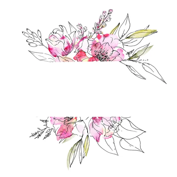 Cadre Floral Bordure Design Avec Aquarelle Peinture Fleurs Feuilles — Photo