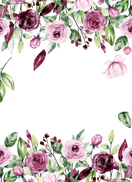 Cadre Floral Bordure Design Avec Aquarelle Peinture Fleurs Feuilles — Photo