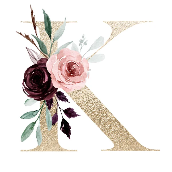 cute watercolor art painting, letter K with flowers and leaves, floral alphabet on white background