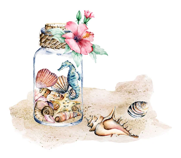 Watercolor Art Painting Jar Sea Elements Sand — Stock Photo, Image