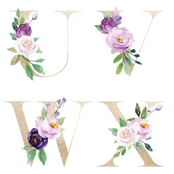 beautiful letters set with flowers and leaves, watercolor painting