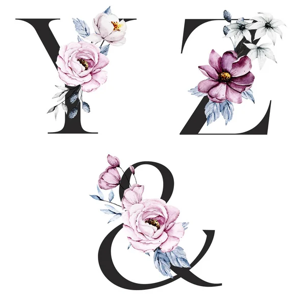 Floral Αλφάβητο Γράμματα Σύμβολο Ampersand Δημιουργική Ζωγραφική Τέχνη Ακουαρέλα — Φωτογραφία Αρχείου