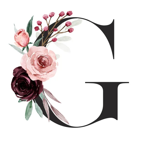 かわいい水彩画 花と葉の文字G 白い背景の花のアルファベット — ストック写真