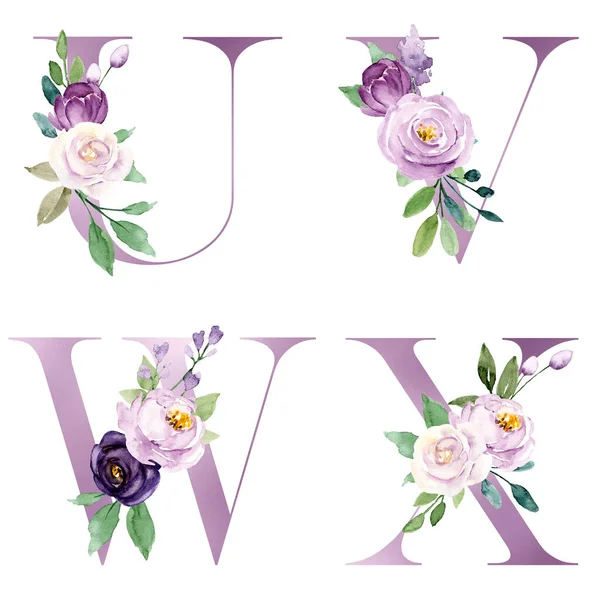 Mooie Letters Gezet Met Bloemen Bladeren Aquarelverf — Stockfoto