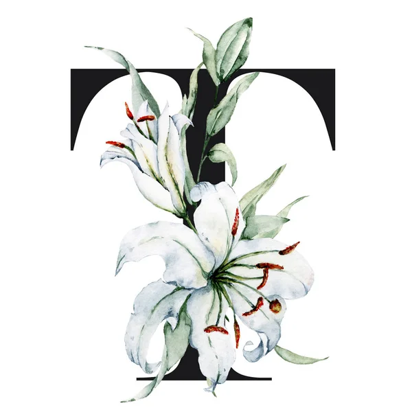 Alfabeto Floral Hermosa Letra Decorada Con Flores Hojas Pintura Acuarela —  Fotos de Stock