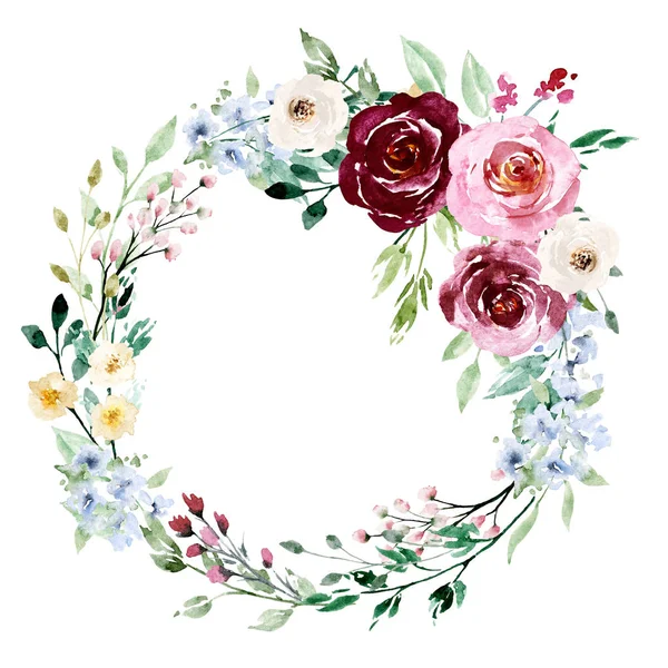 Hand Drawing Wreath Watercolor Flowers Floral Art Design — 스톡 사진