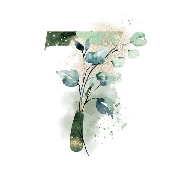 Nummer Med Akvarell Blommor Och Blad Blommigt Monogram Handritad Akvarell — Stockfoto