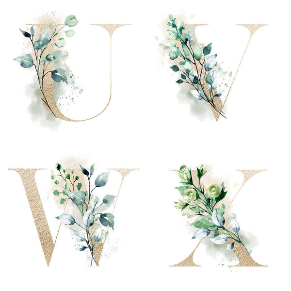 цветочный алфавит, буквы U, V, W, X с акварельными цветами, креативный дизайн, инициалы монограммы
