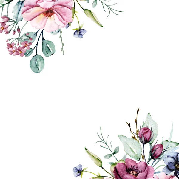 Watercolor Flowers Floral Frame Greeting Card Invitation Other Printing Design — 스톡 사진