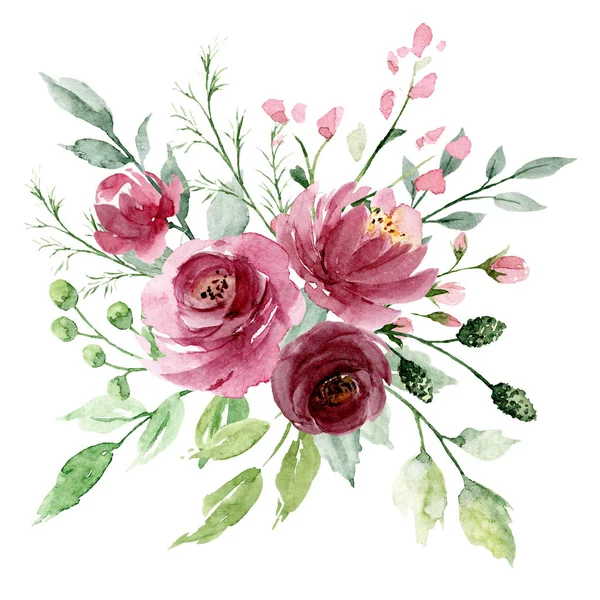 Gyönyörű Akvarell Virágok Botanikus Összetétele Esküvői Vagy Üdvözlőlap — Stock Fotó