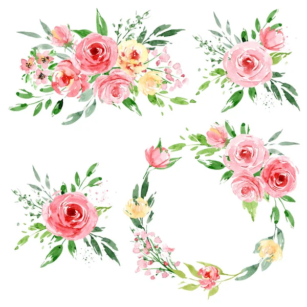 Watercolor Floral Set Flowers Bouquets Wreaths Isolated White — Stock Photo, Image