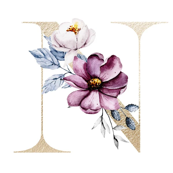 かわいい水彩画 花と葉の文字N 白い背景の花のアルファベット — ストック写真
