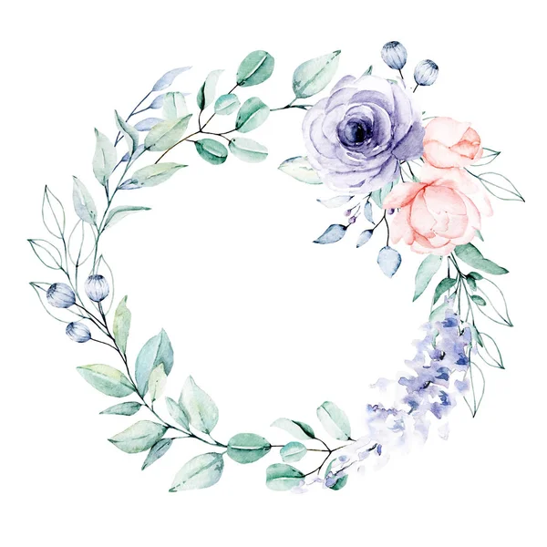 Kranz Mit Aquarellblumen Blumenset Für Grußkarte Einladung Und Anderes Druckdesign — Stockfoto