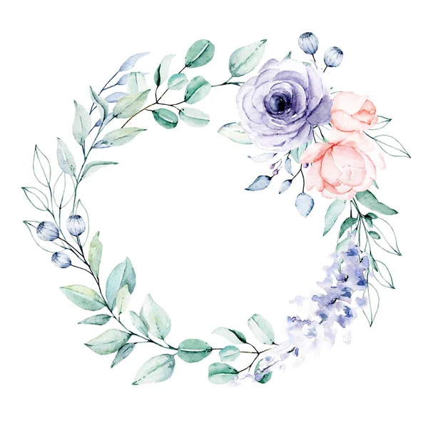 Couronne Avec Des Fleurs Aquarelle Ensemble Floral Pour Carte Vœux — Photo