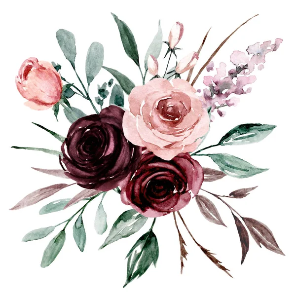 Flori Frumoase Acuarelă Compoziție Botanică Pentru Nuntă Sau Felicitare — Fotografie, imagine de stoc