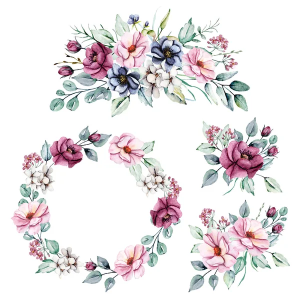 Set Watercolor Floral Drawing Vintage Decoration — 스톡 사진