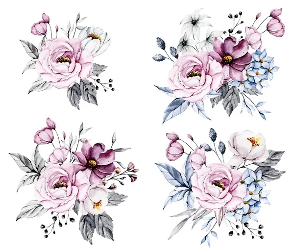 Floral Collection Watercolor Flowers Set Colorful Bouquets — Stock Photo, Image