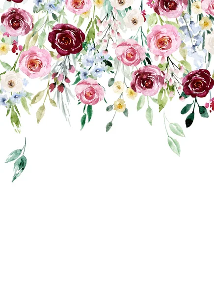 Blommig Ram Gräns Design Med Akvarell Målning Blommor Och Blad — Stockfoto