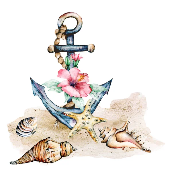 Handgezeichnete Aquarellmalerei Mit Anker Auf Weißem Hintergrund — Stockfoto