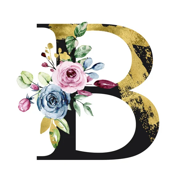 手绘水彩画 大写字母B 有花卉元素 — 图库照片
