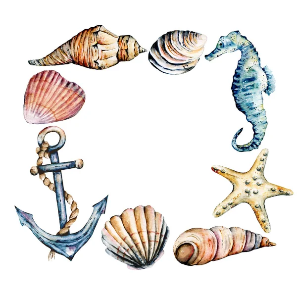 Marine Frame Watercolor Seahorse Starfish Other Shells — Stock Photo, Image