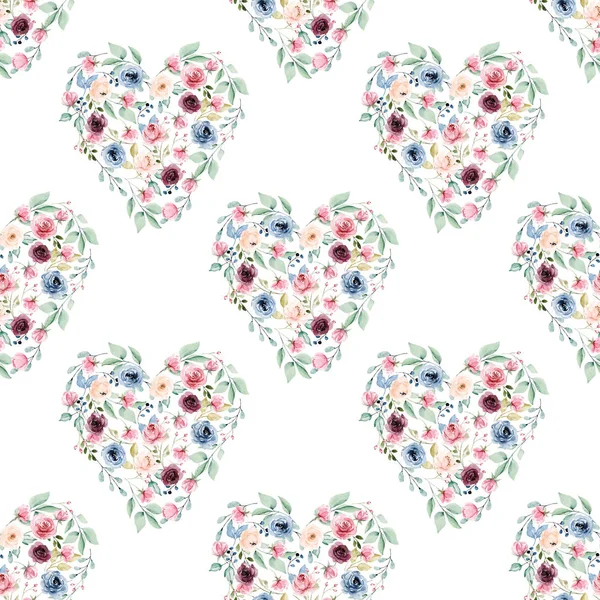 Watercolor Seamless Pattern Floral Heart Wreaths — 스톡 사진