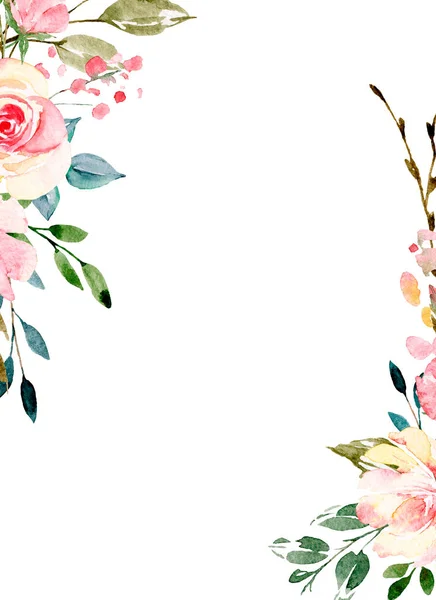 Floral Frame Border Design Watercolor Painting Flowers Leaves — 스톡 사진