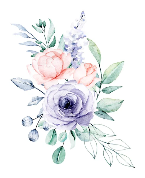 Mooie Aquarel Bloemen Botanische Samenstelling Voor Bruiloft Wenskaart — Stockfoto