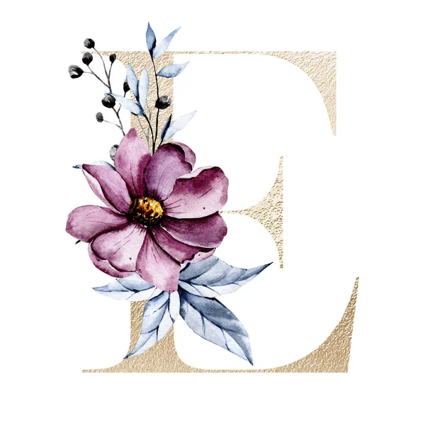 cute watercolor art painting, letter E with flowers and leaves, floral alphabet on white background