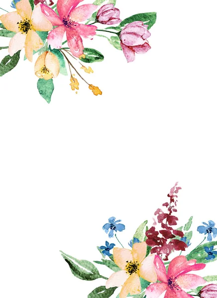 Akvarell Blommig Ram Gräns Med Plats För Text Handmålade Isolerad — Stockfoto