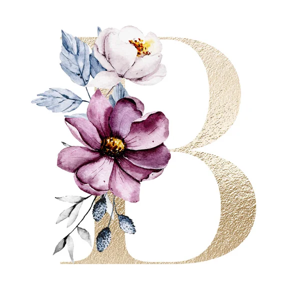 Cute Watercolor Art Painting Letter Flowers Leaves Floral Alphabet White — 스톡 사진