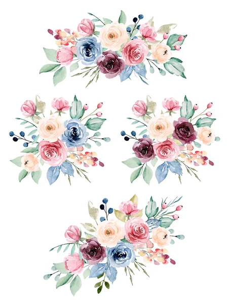 Floral collection with watercolor flowers, set of colorful bouquets